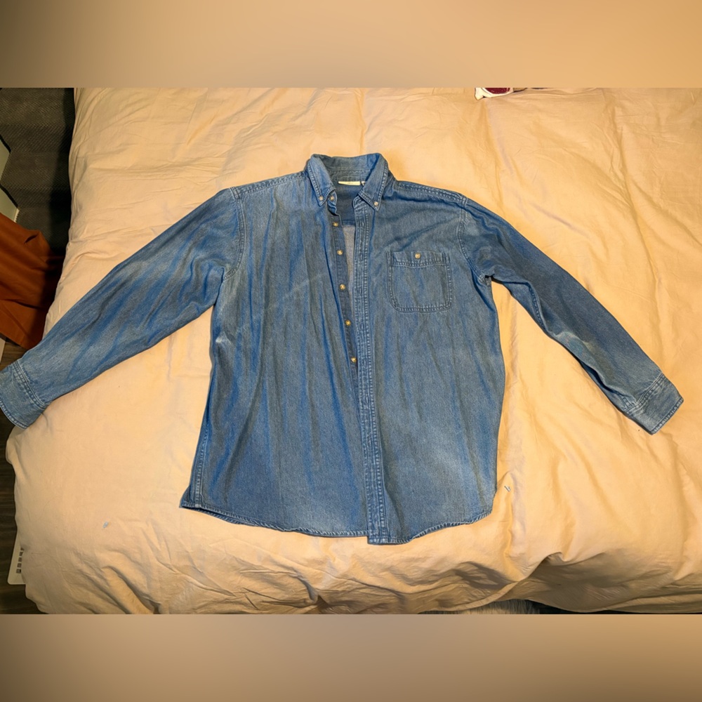 Vintage Oversized Distressed Blue Denim Button-Up Shirt